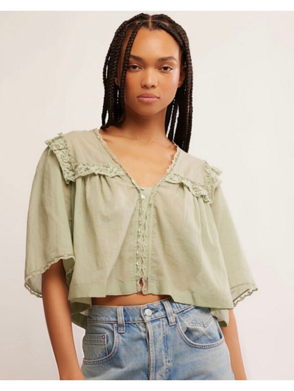 Free People Luna Lace Top In Sage Green - Women's Large